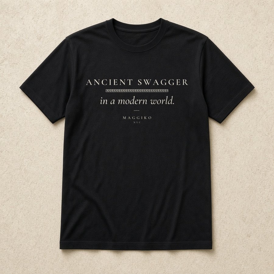 Black t-shirt printed in cream serif type: ANCIENT SWAGGER in spaced capitals over a thin Greek key line, in a modern world. in italic, and MAGGIKO NYC beneath