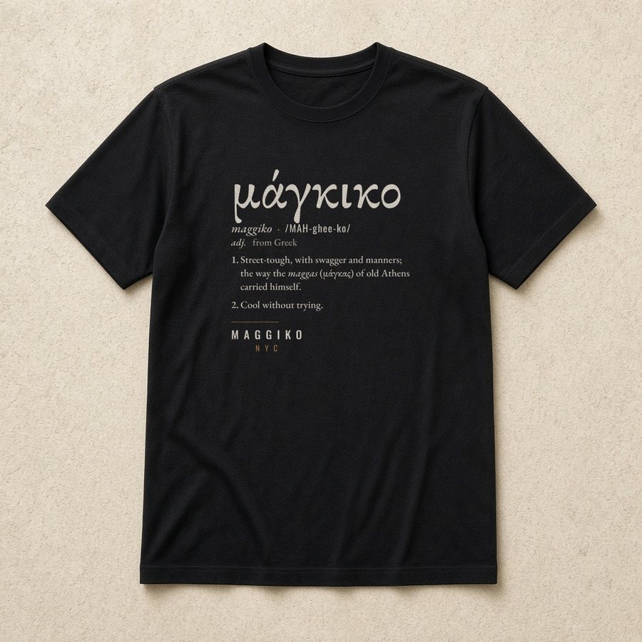 Black t-shirt printed like a dictionary entry: μάγκικο, maggiko, /MAH-ghee-ko/, adjective, from Greek, with two definitions and MAGGIKO NYC at the bottom