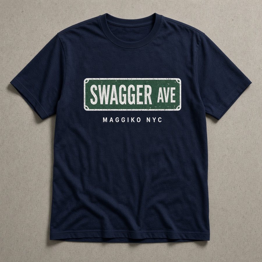 Navy t-shirt printed with a green street sign reading Swagger Ave, with MAGGIKO NYC beneath