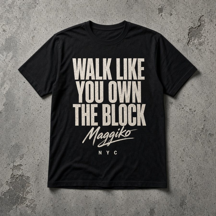 Black t-shirt printed with WALK LIKE YOU OWN THE BLOCK in cream condensed type and the Maggiko NYC script below